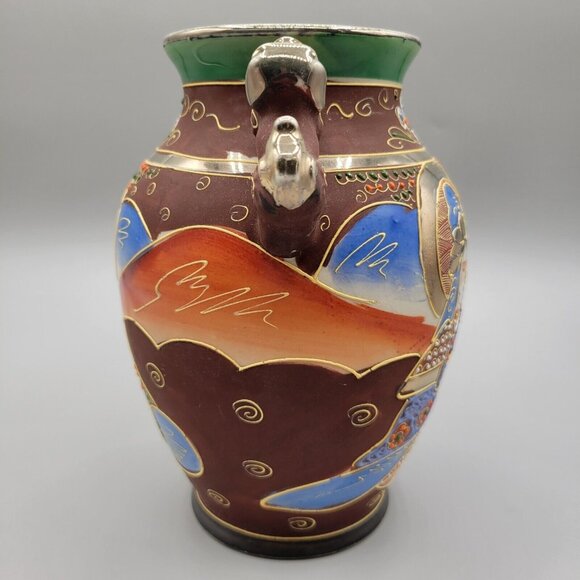 Japanese Mid Century Satsuma Ware Vase Foo Dogs Moriage Relief Hand Painted Gold - Picture 4 of 11